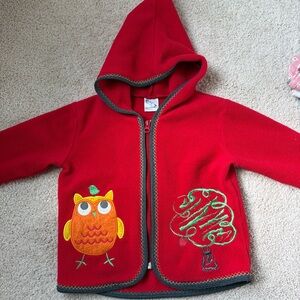 Hanna Andersson Red Hooded Kids Jacket with Owl Appliqué